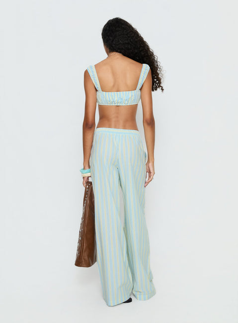 back view of model wearing Princess Polly Talyssa Elasticated Waist Pants Blue Stripe Mid Rise Pants 