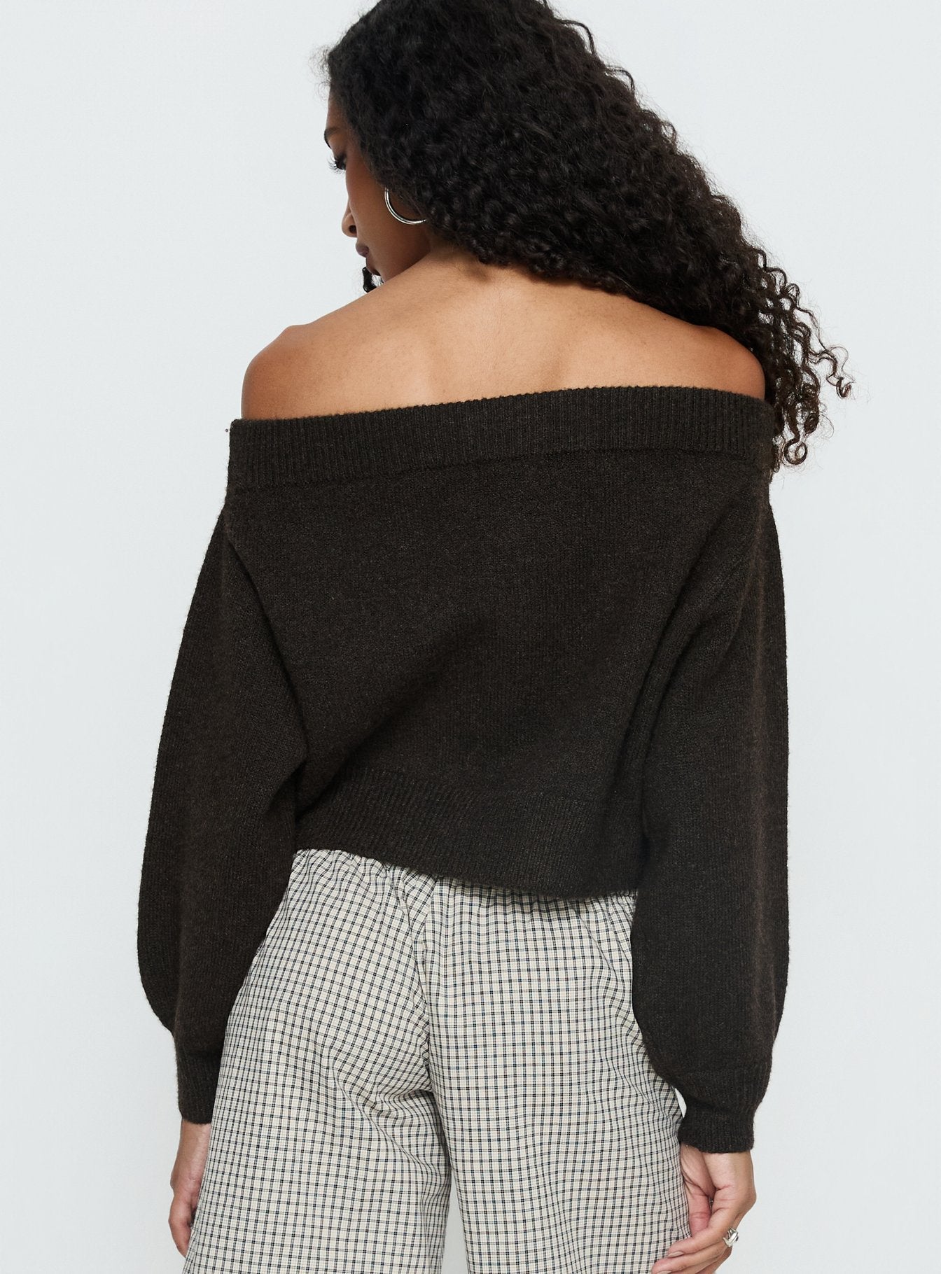 back view of model wearing Princess Polly Ortensa Off Shoulder Zip Through Jumper Brown 