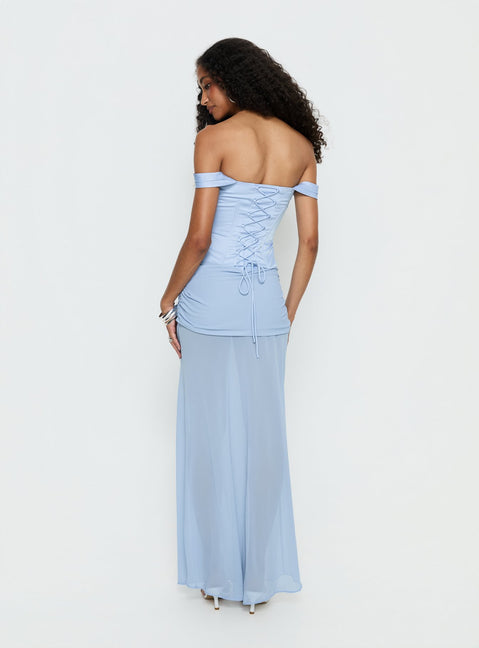 Angiola Corset Off Shoulder Maxi Dress | Blue | Womens | Princess Polly Angiola Corset Off Shoulder Maxi Dress | Blue | Womens | Princess Polly