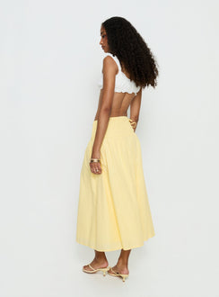 back view of model wearing Princess Polly Vence Ruched Maxi Skirt Lemon Yellow Maxi Skirts 