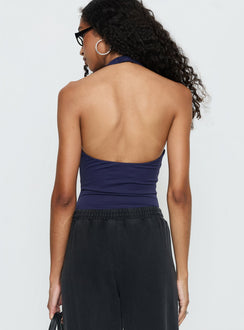 back view of model wearing Princess Polly Someone New Halter Bodysuit Navy Sleeveless 