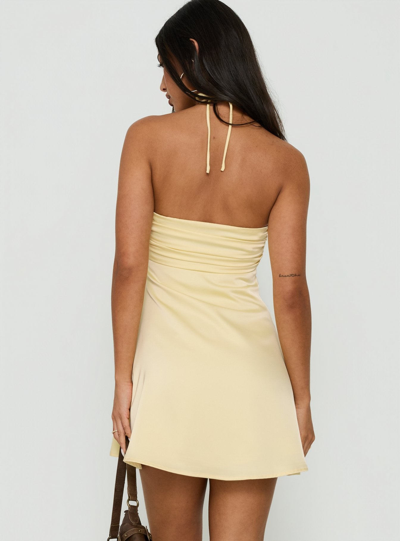 Analise Rosette Satin Halter Mini Dress Yellow