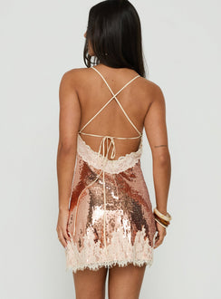 Call My Lover Lace Slip Mini Dress Gold Sequin