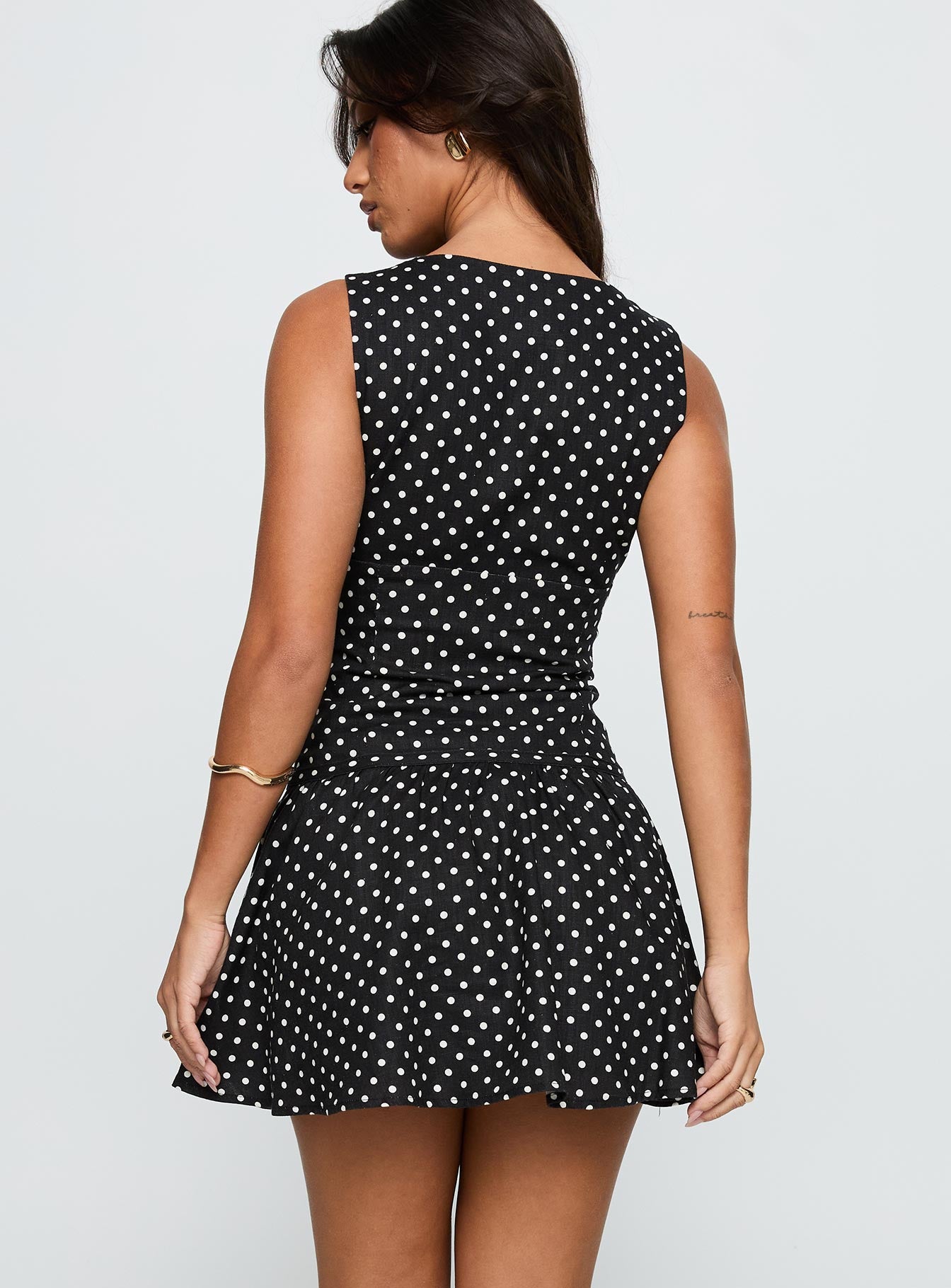 Alissea Keyhole Linen Blend Mini Dress Black Polka | Princess Polly Alissea Keyhole Linen Blend Mini Dress Black Polka | Princess Polly