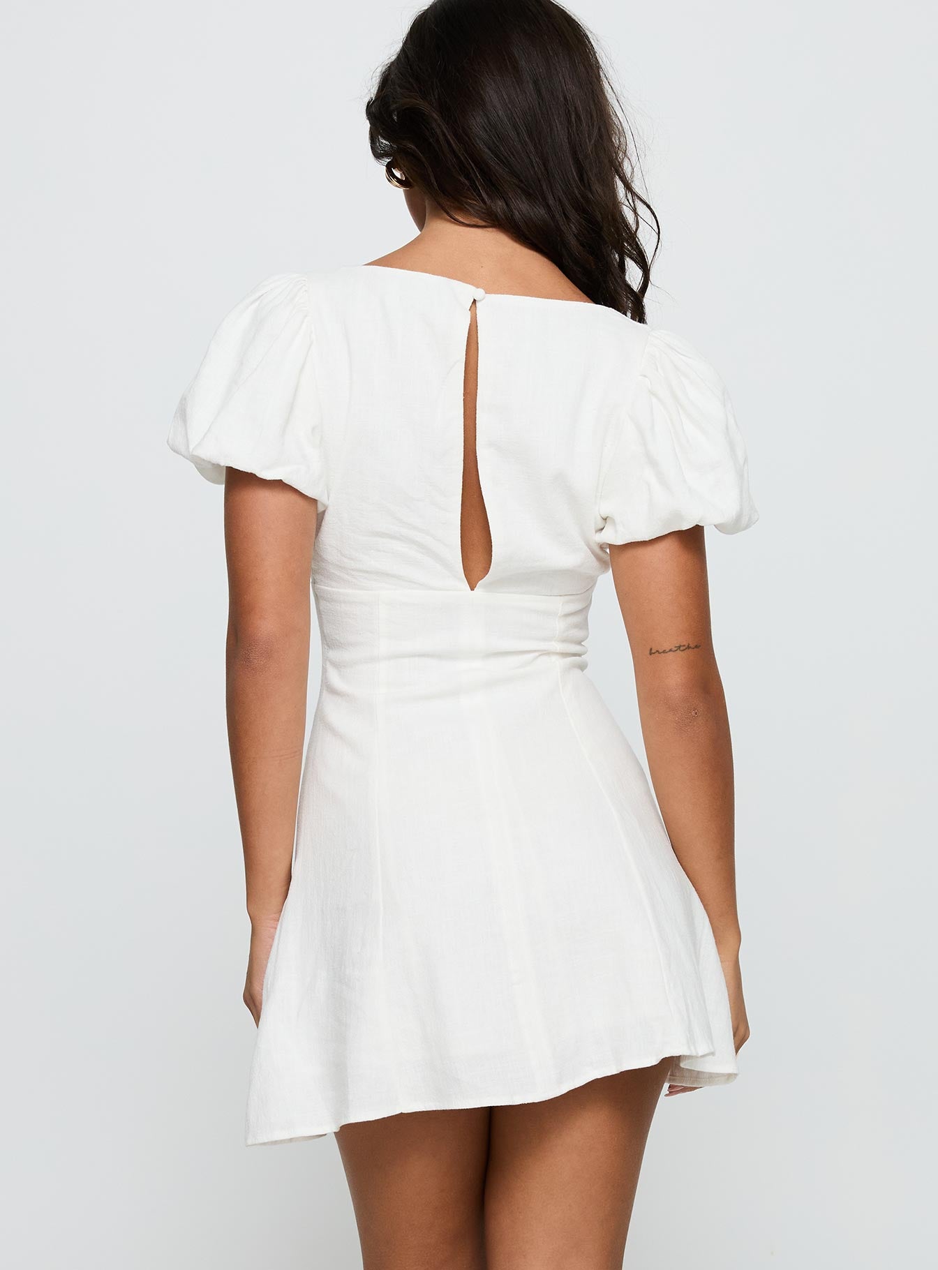 Beloved Puff Sleeve Linen Blend Mini Dress White | Princess Polly