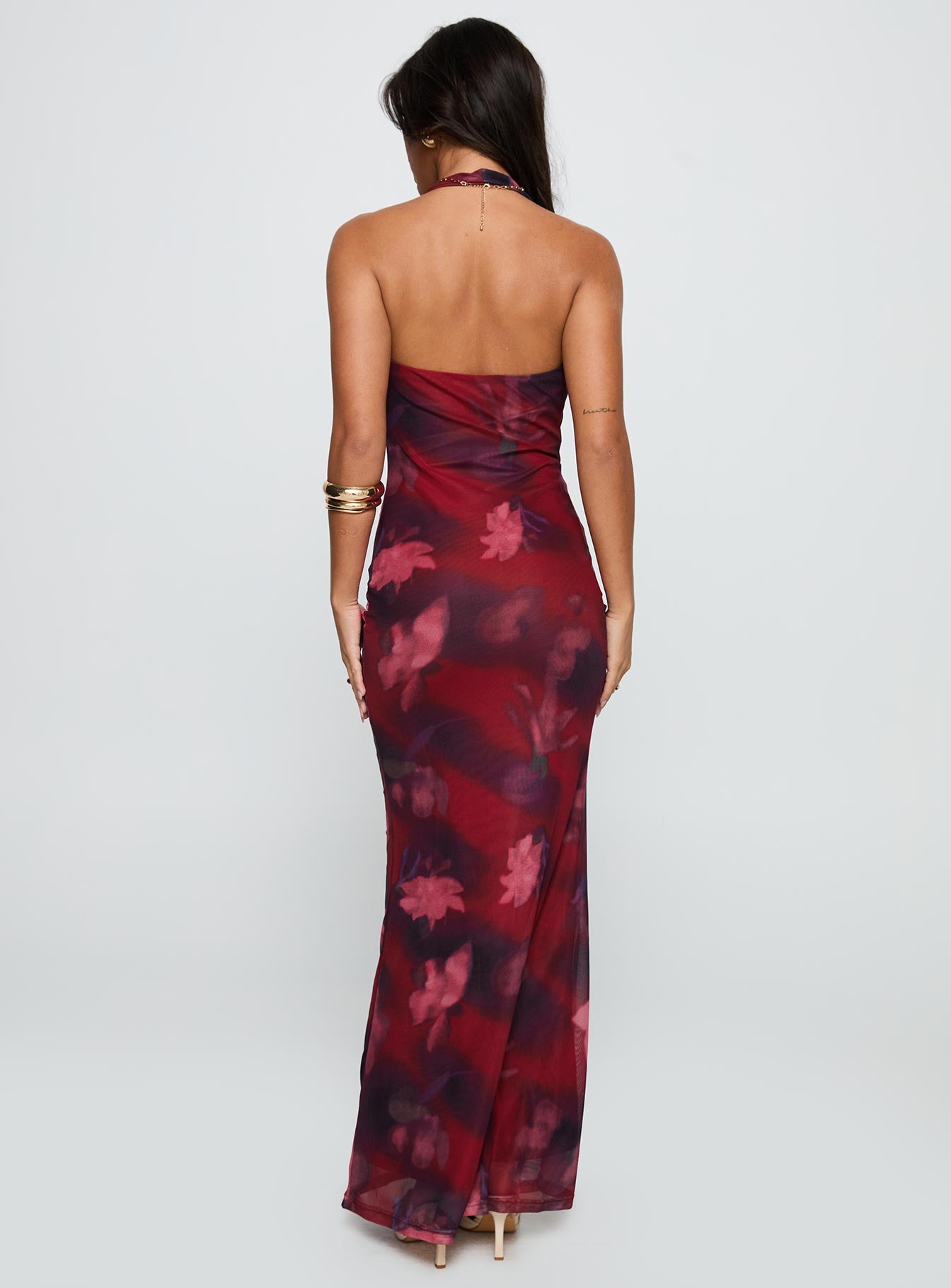 back view of model wearing Princess Polly Vixyn Halter Maxi Dress Red Multi Cowl Neck 