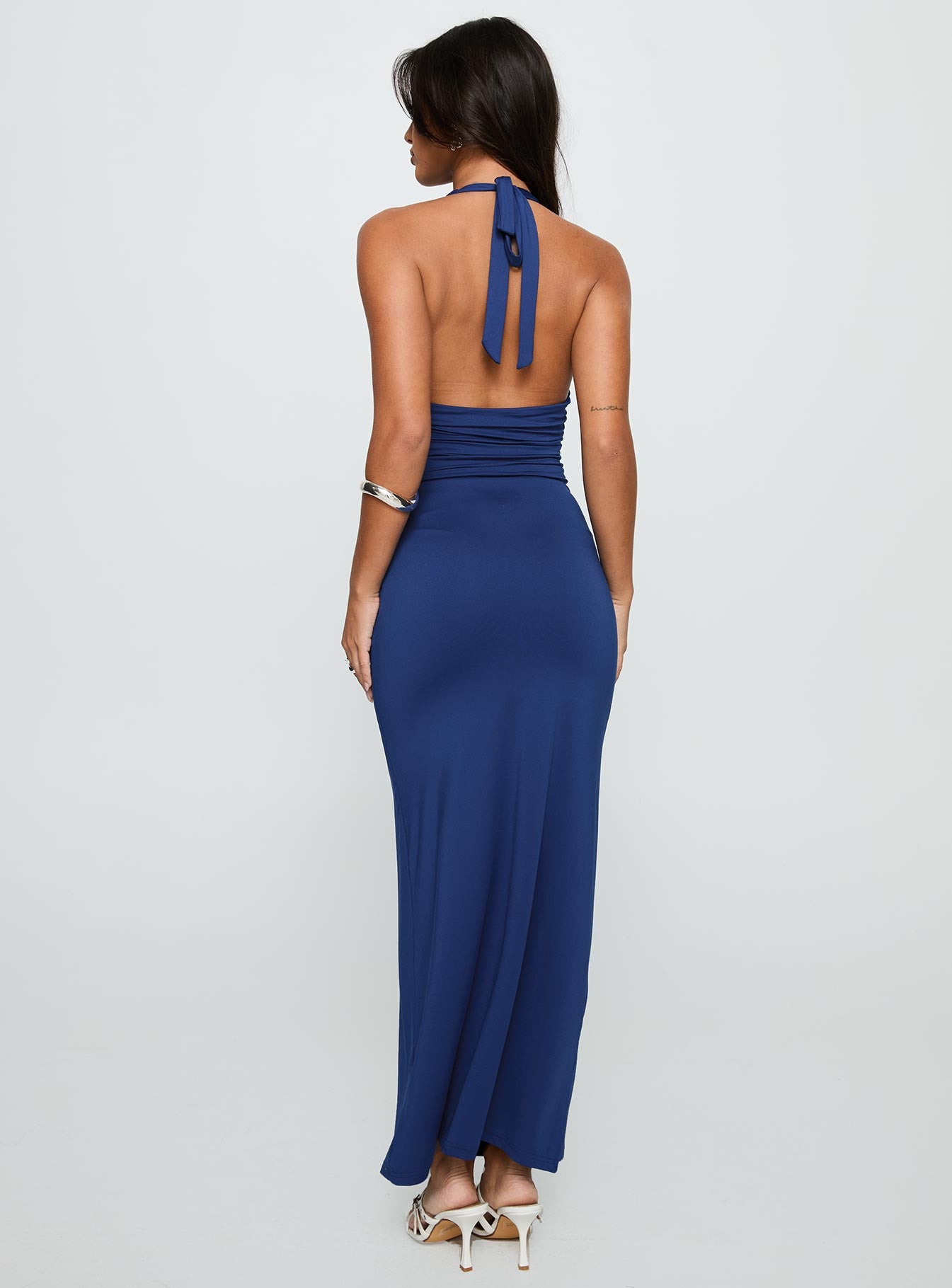 back view of model wearing Princess Polly Labour Of Love Halter Maxi Dress Cobalt Plunger 