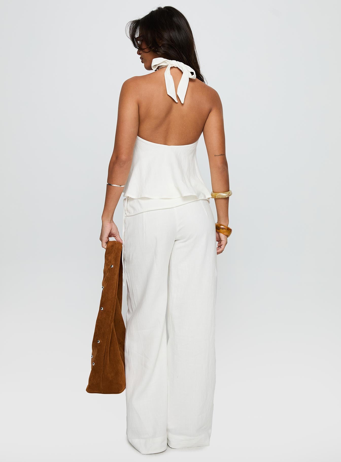 back view of model wearing Princess Polly Silver Moon Linen Blend Tie Pants White High Waisted Pants 