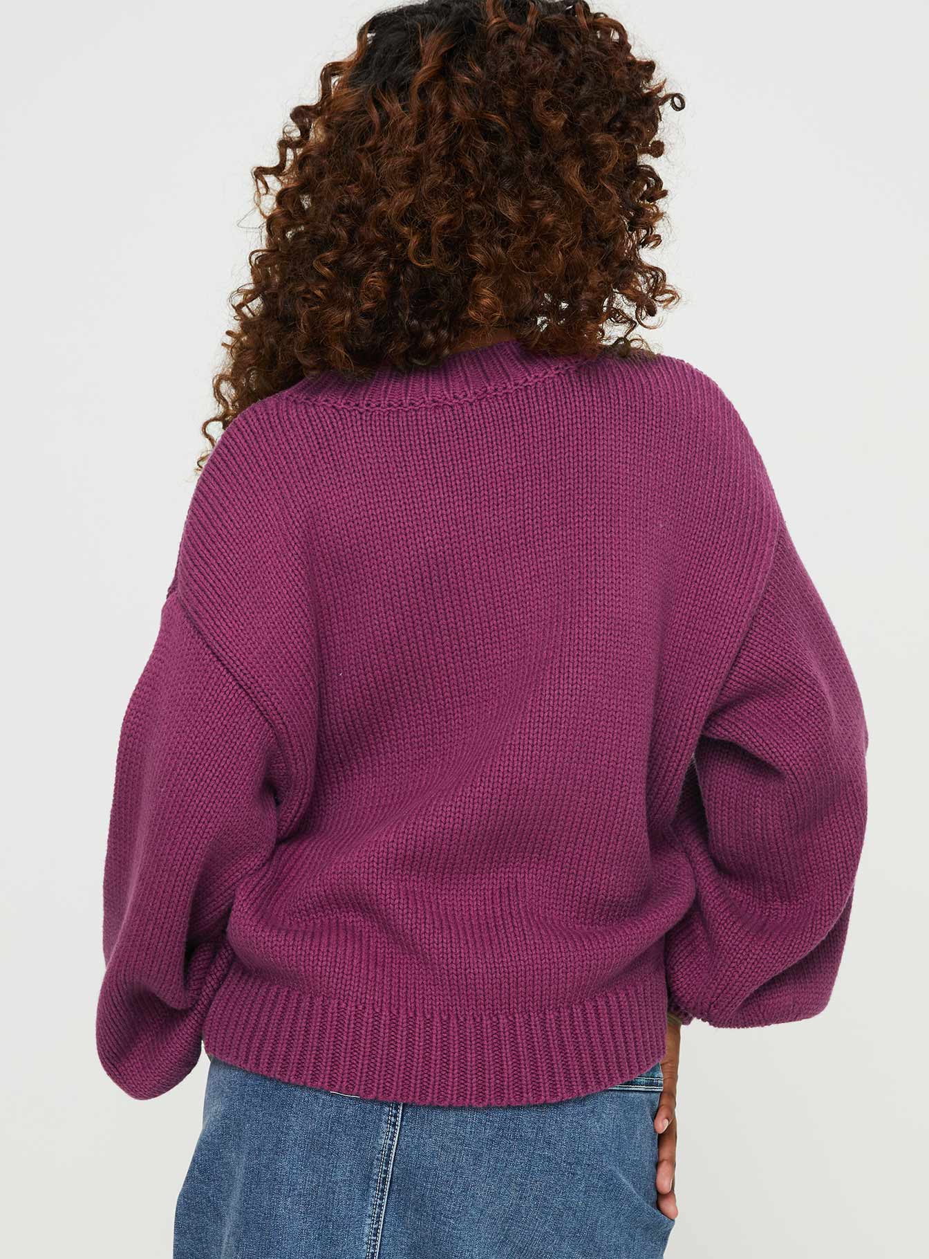 back view of model wearing Princess Polly Harmony Knit Sweater Burgundy 