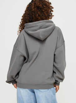 back view of model wearing Princess Polly Intuition Hooded Sweatshirt Bubble Text Charcoal regular 