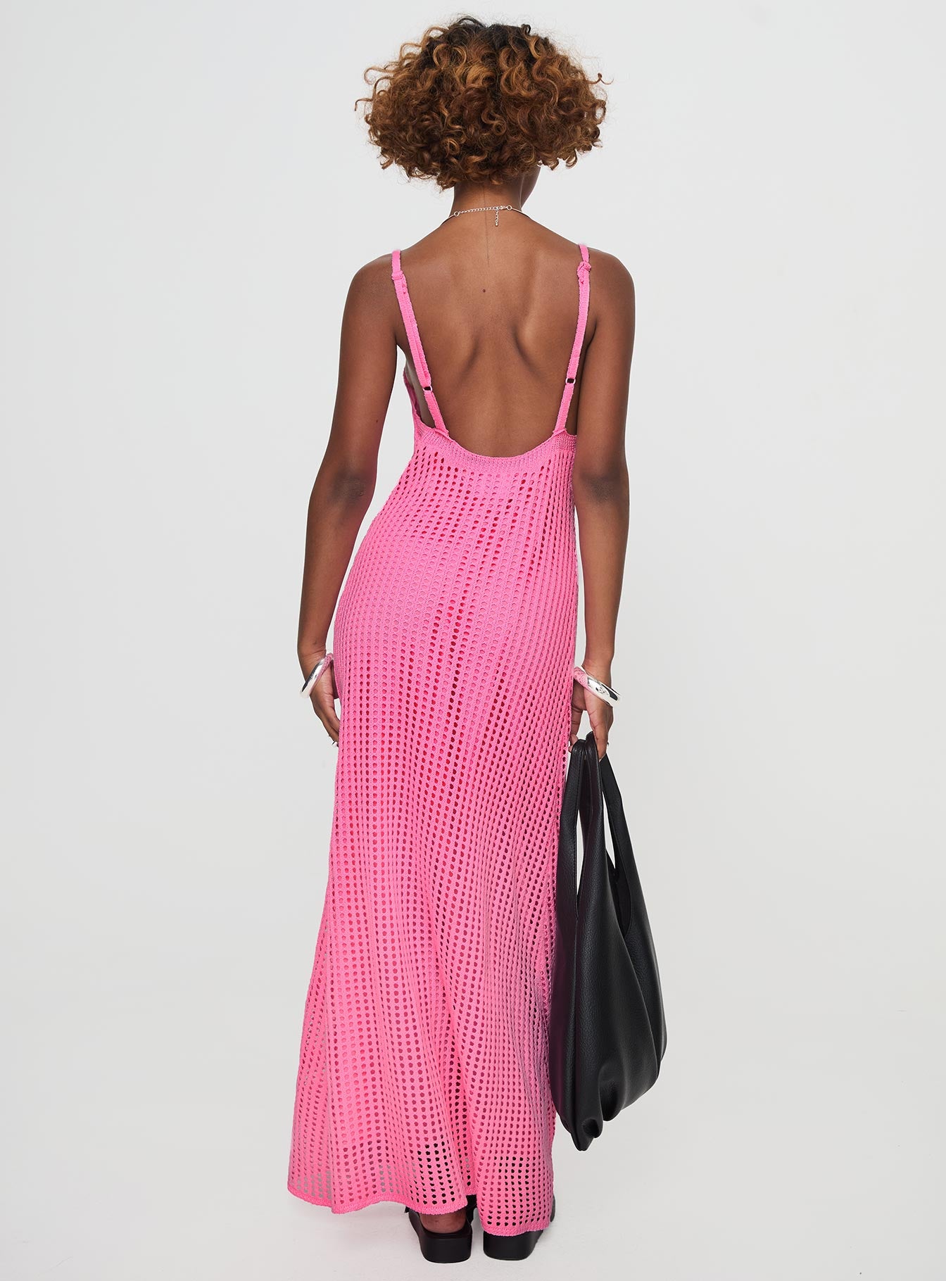 back view of model wearing Princess Polly Maribelle Maxi Dress Pink Square Neck 