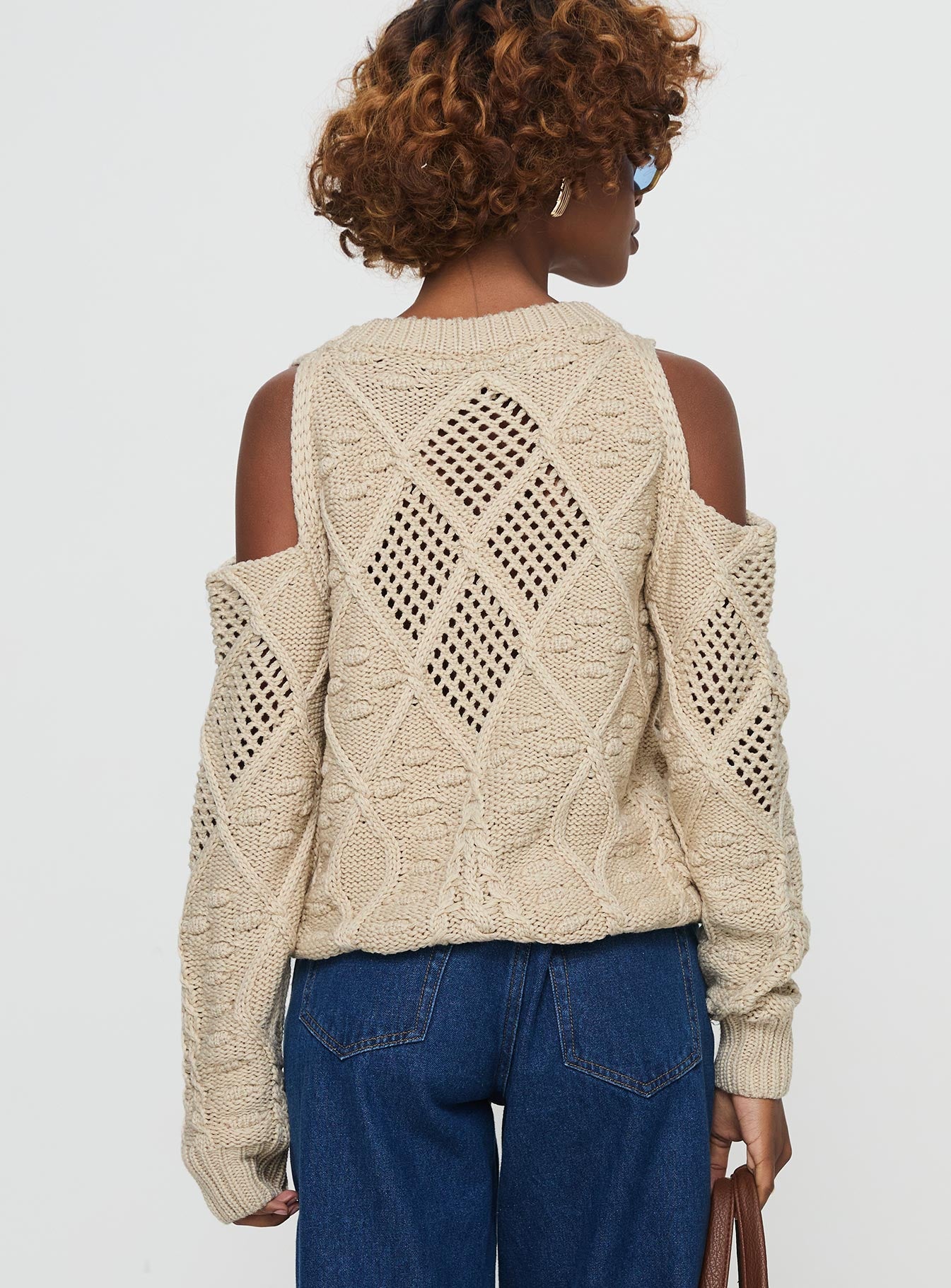 back view of model wearing Princess Polly Colser Cable Knit Sweater Beige Beige regular 