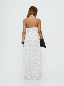 Millen Gathered Waist Halter Maxi Dress White Polka Dot