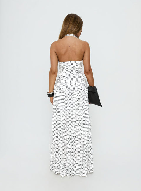 Millen Gathered Waist Halter Maxi Dress White Polka Dot