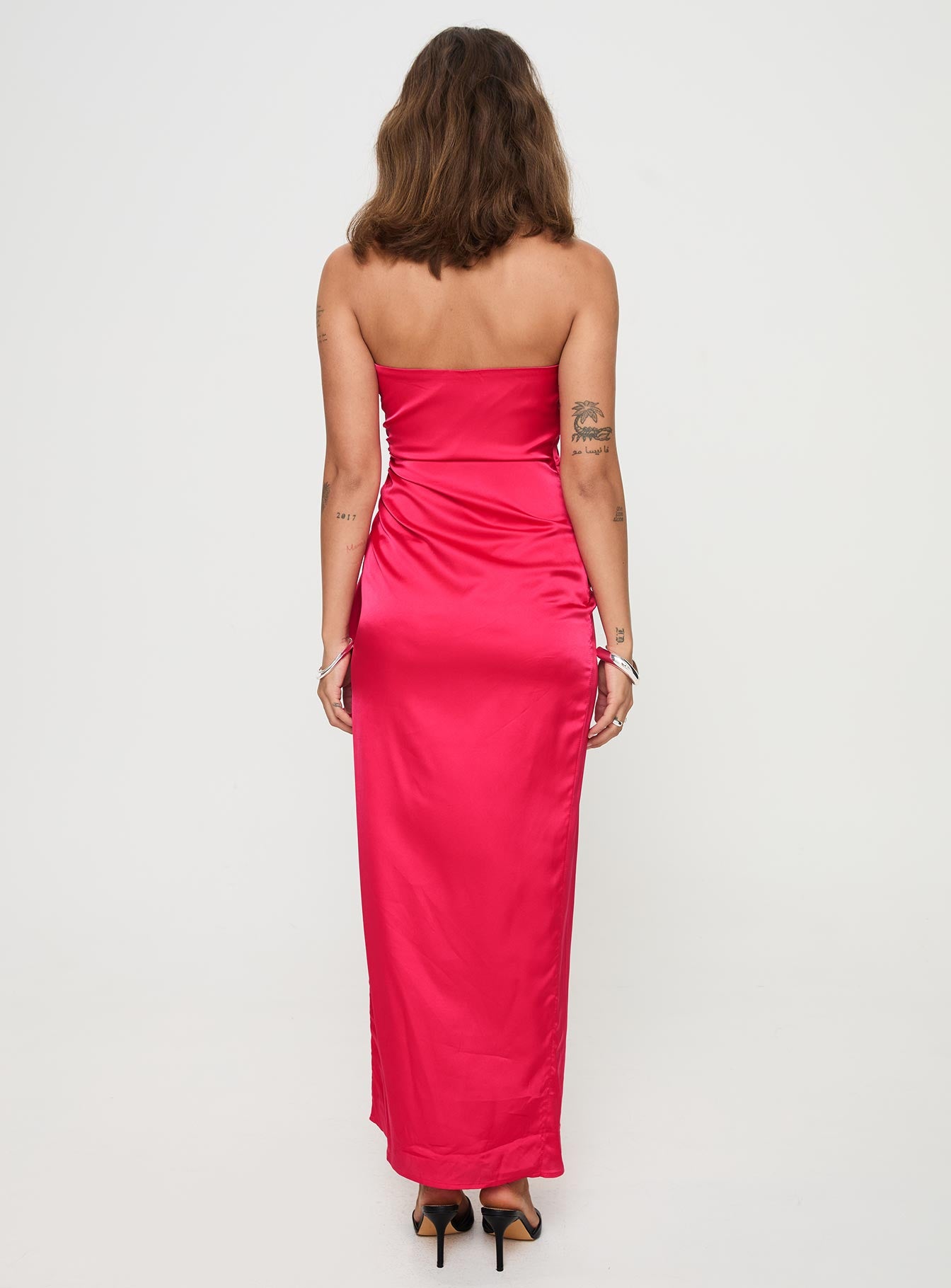 back view of model wearing Princess Polly Callita Strapless Maxi Dress Red Straight Neck 