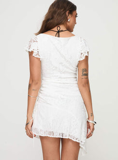 back view of model wearing Princess Polly Ramallo Lace Mini Dress White V-Neck 