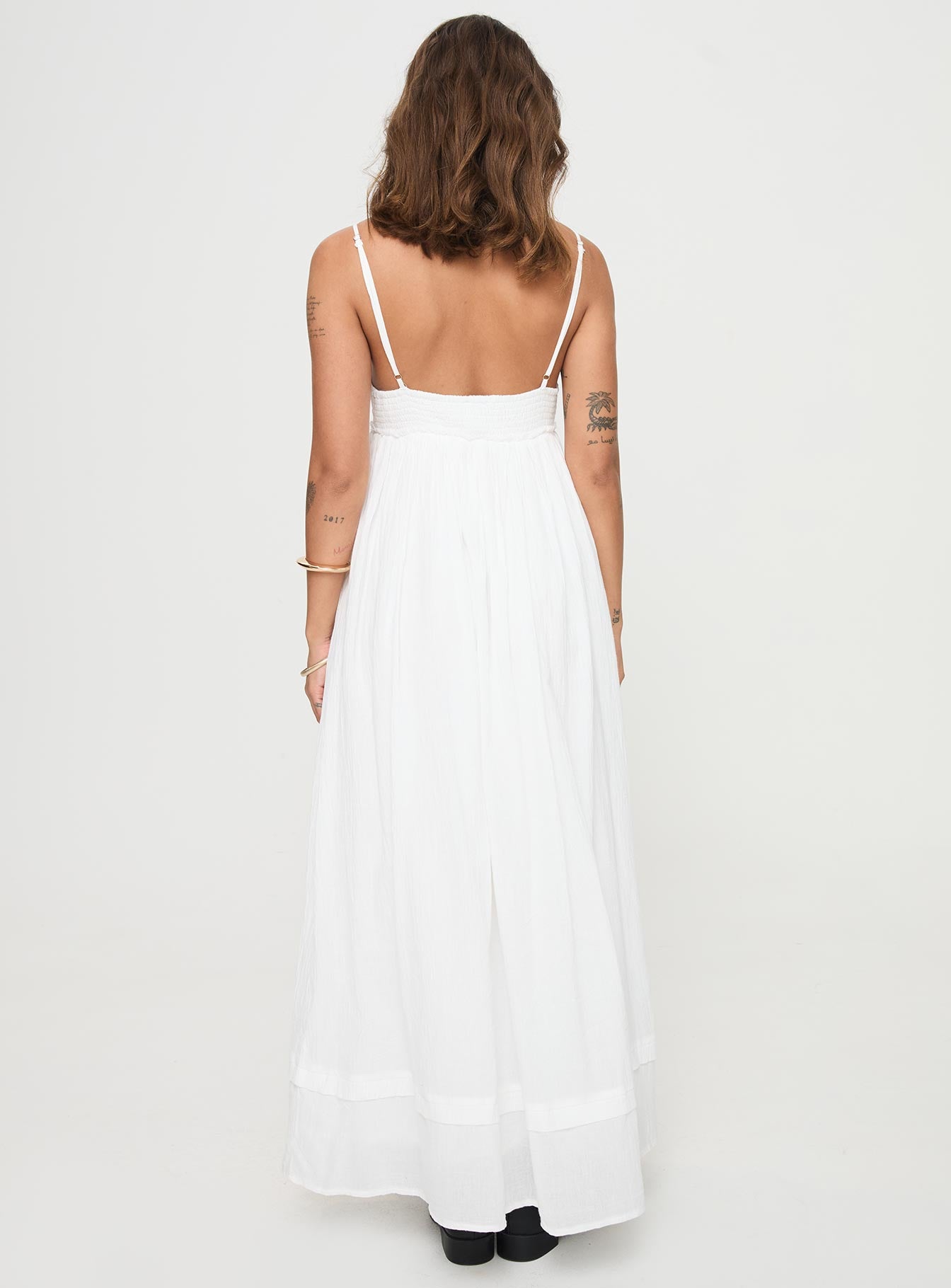 back view of model wearing Princess Polly Eriksson Maxi Dress White Plunger 
