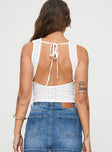 Lace top High neckline, tie fastening at back of neck, low back Good stretch, fully lined, sheer