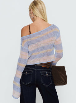 back view of model wearing Princess Polly Cafe Pari Sweater Blue Stripe cropped 