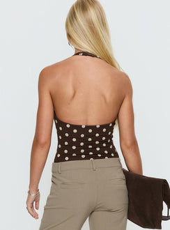 back view of model wearing Princess Polly Someone New Halter Bodysuit Chocolate Polka Sleeveless 