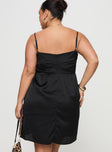 back view of model wearing Princess Polly Ortega Mini Dress Black Curve Square Neck 