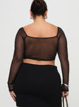 back view of model wearing Princess Polly Maranta Long Sleeve Top Black Curve Full Sleeves Sweetheart 