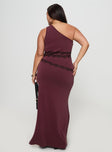 back view of model wearing Princess Polly Ultraviolet One Shoulder Lace Maxi Dress Wine Curve Asymmetric Neckline 