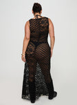 back view of model wearing Princess Polly Zhara Lace Dress Black Curve Scoop Neck 