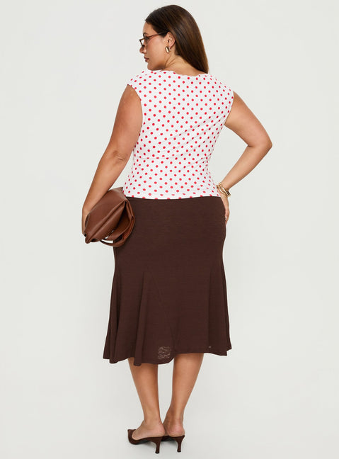 back view of model wearing Princess Polly Lewish Low Rise Midi Skirt Chocolate Curve Midi Skirts 