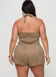 back view of model wearing Princess Polly Eternal Youth Faux Suede Short Taupe Curve High Waisted Shorts 