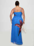 back view of model wearing Princess Polly Bespoke Maxi Dress Blue Curve Scoop Neck 