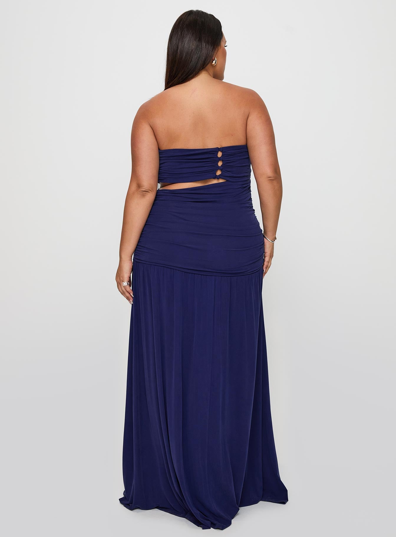 back view of model wearing Princess Polly Grandeur Strapless Maxi Dress Navy Curve Straight Neck 