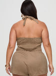 back view of model wearing Princess Polly Eternal Youth Faux Suede Top Taupe Curve Sleeveless V-Neck 