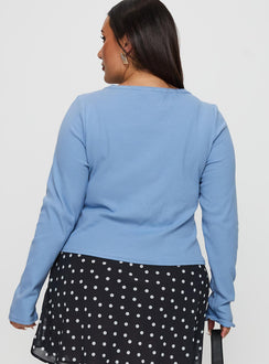 back view of model wearing Princess Polly Baseline Button Up Long Sleeve Top Blue Curve Full Sleeves Crew Neck 