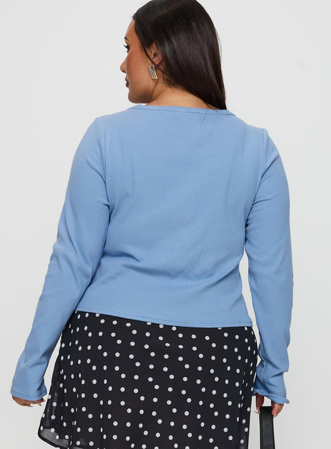 back view of model wearing Princess Polly Baseline Button Up Long Sleeve Top Blue Curve Full Sleeves Crew Neck 
