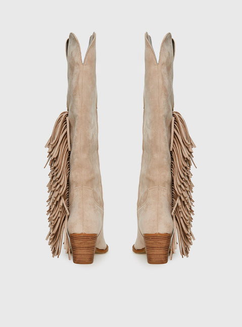 Billini Ardie Faux Suede Tassel Cowboy Boots Light Beige