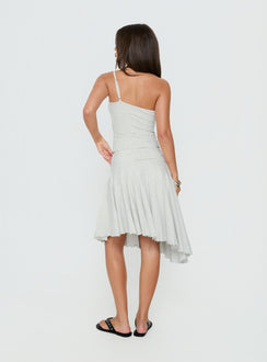 Styled in the Mimmi Asymmetrical Midi Skirt Grey womens-skirts featuring ruched fitted silhouette and frayed hem back view of model wearing Princess Polly