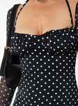 Mini dress Wired cups Halter neck tie fastening Sheer mesh sleeves Polka dot print Invisible zip fastening at back Side slit