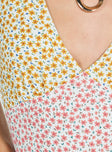 Mini dress Two tone floral print V neck Singe waist tie at back Invisible zip fastening at side  Wide shoulder straps A line fit