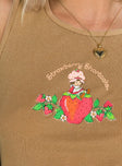 Front view of model wearing  front Princess Polly Sleeveless Crew Neck  Strawberry Shortcake Tank Brown