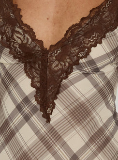 Call My Lover Lace Slip Mini Dress Brown Check