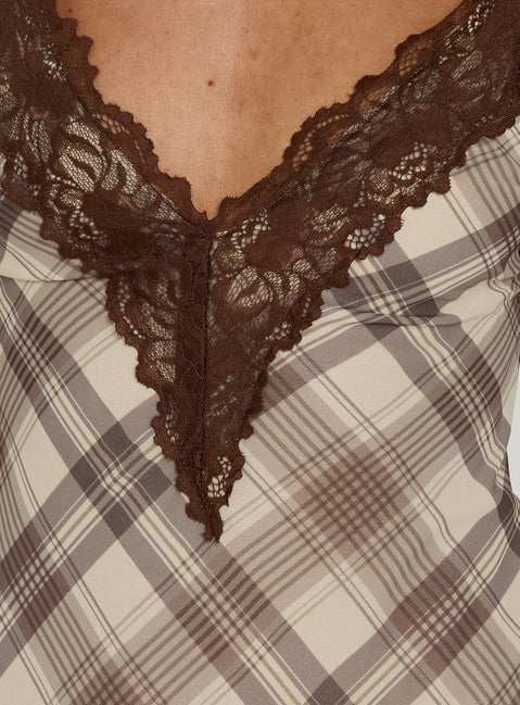 Call My Lover Lace Slip Mini Dress Brown Check