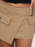   side view of model wearing Princess Polly Esposito Wrap Cargo Mini Skirt Brown Mini Skirts 