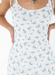 Floral print mini dress, slim fitting Adjustable shoulder straps, scooped neckline, invisible zip fastening at side