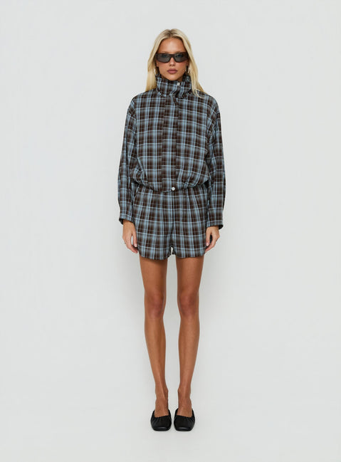 Lunna Funnel Neck Jacket Blue / Brown Check