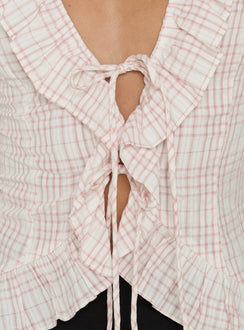 Raylynn Frill Detail Short Sleeve Collared Top Pink Check