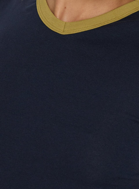 Geanna High V Neck Contrast Trim Top Navy / Yellow