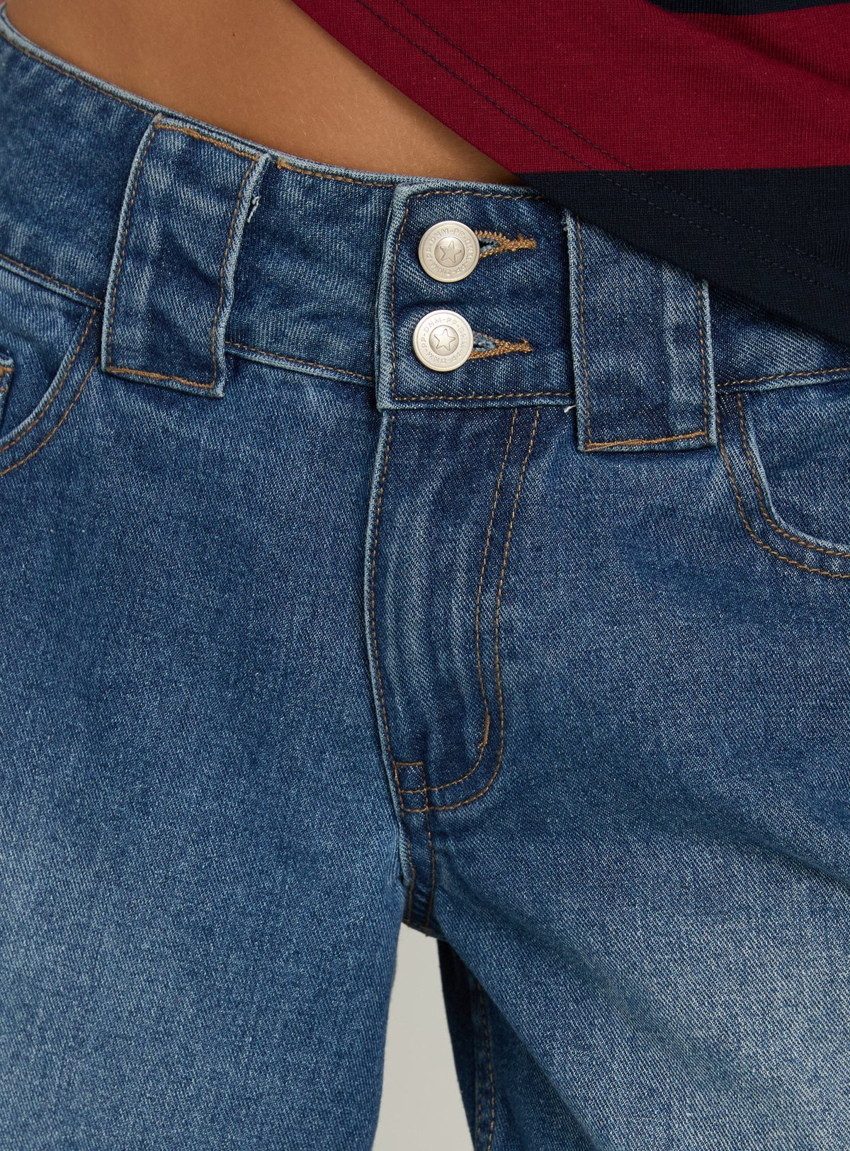 Ramos Low Rise Double Button Distressed Wide Leg Jeans Mid Blue