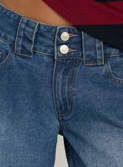 Ramos Low Rise Double Button Distressed Wide Leg Jeans Mid Blue