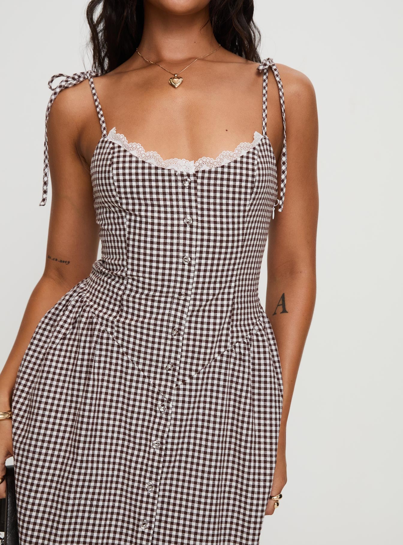 Dalanie Tie Strap Maxi Dress Brown Gingham | Princess Polly Dalanie Tie Strap Maxi Dress Brown Gingham | Princess Polly